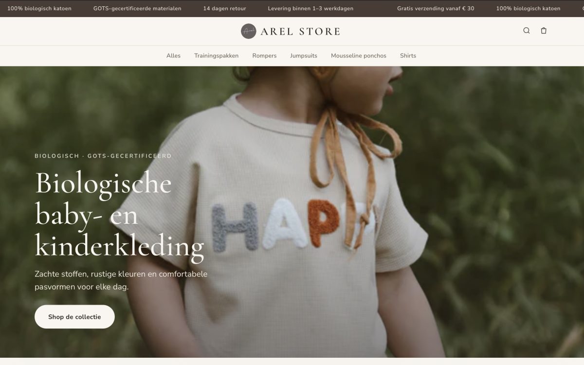 Screenshot van de webshop van Arel Store