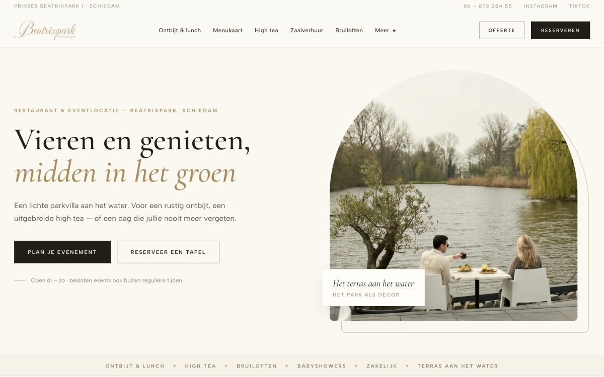 Screenshot van de horeca website van Beatrixpark Restaurant