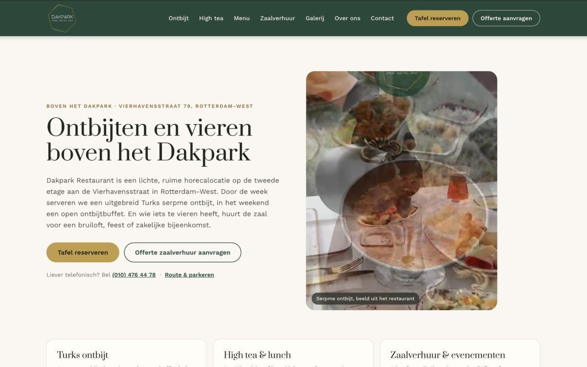 Screenshot van de horeca website van Dakpark Restaurant