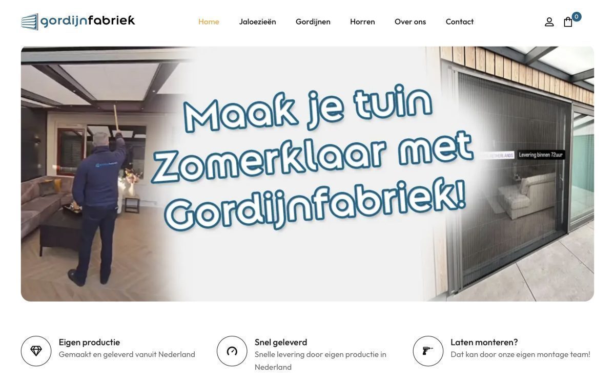 Screenshot van de webshop van Gordijnfabriek