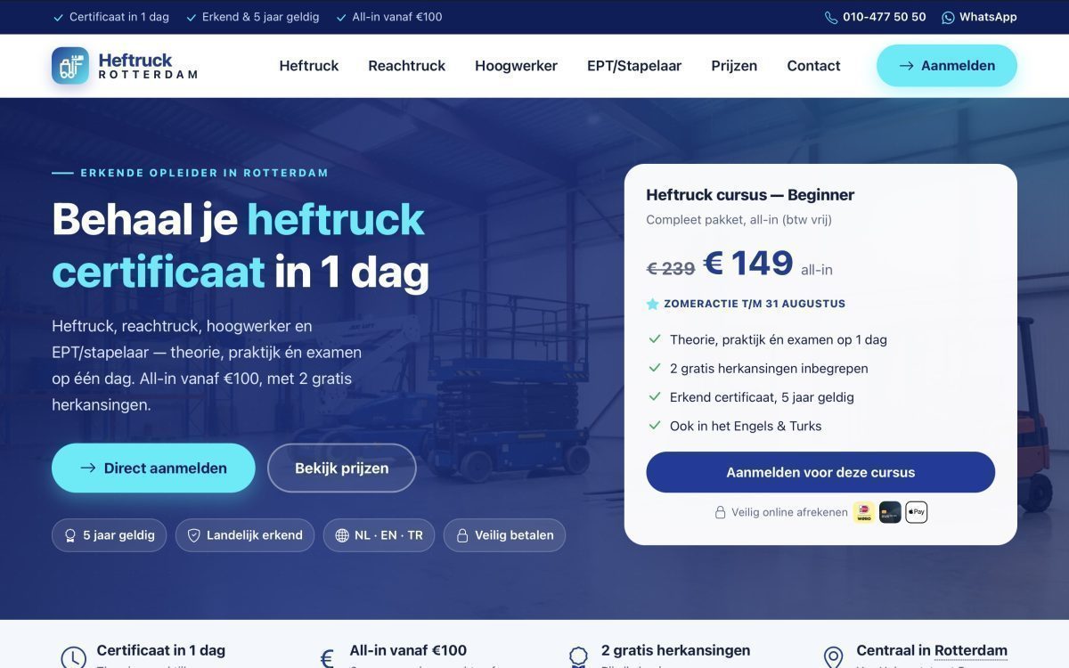 Screenshot van de website + lokale seo van Heftruck Rotterdam