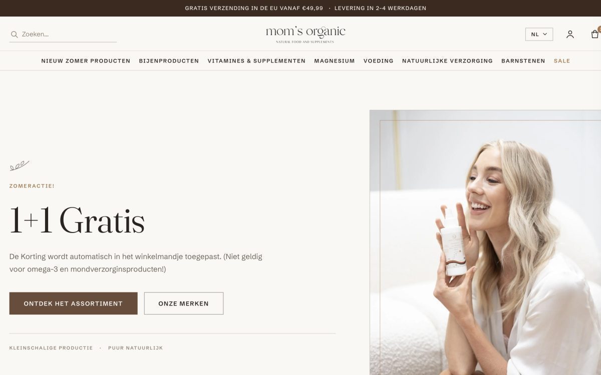 Screenshot van de webshop van Mom's Organic