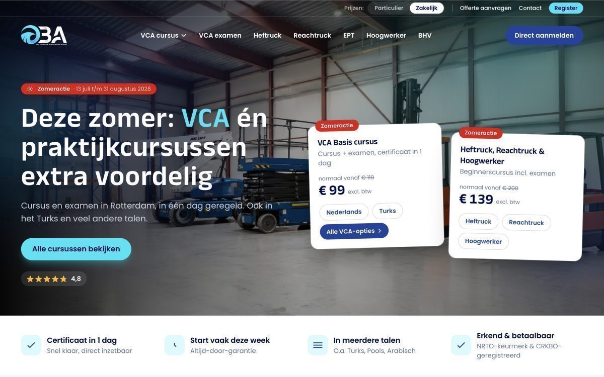 Screenshot van de zakelijke website van OBA Opleidingen