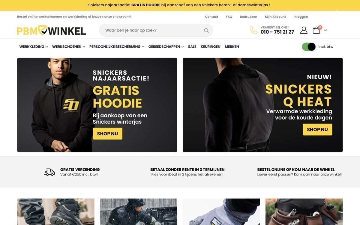 Screenshot van de webshop van PBM Winkel